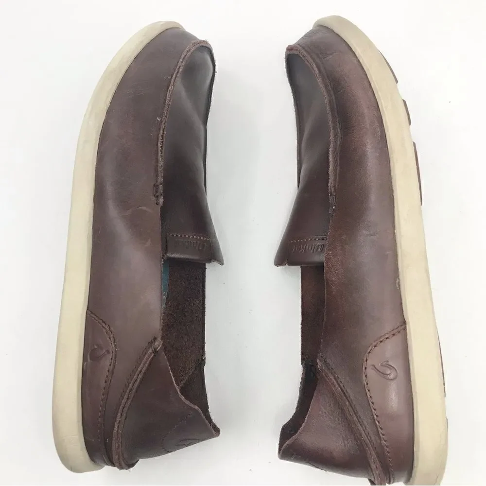 OluKai NALUKAI Brown Leather Slip On Casual Loafers